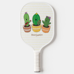 Cute cactus trio singing cartoon illustration  pickleball paddle