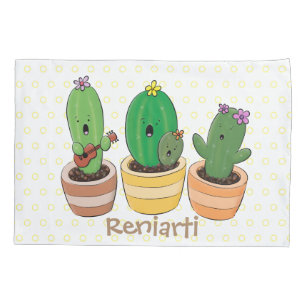 Cute cactus trio singing cartoon illustration pillowcase