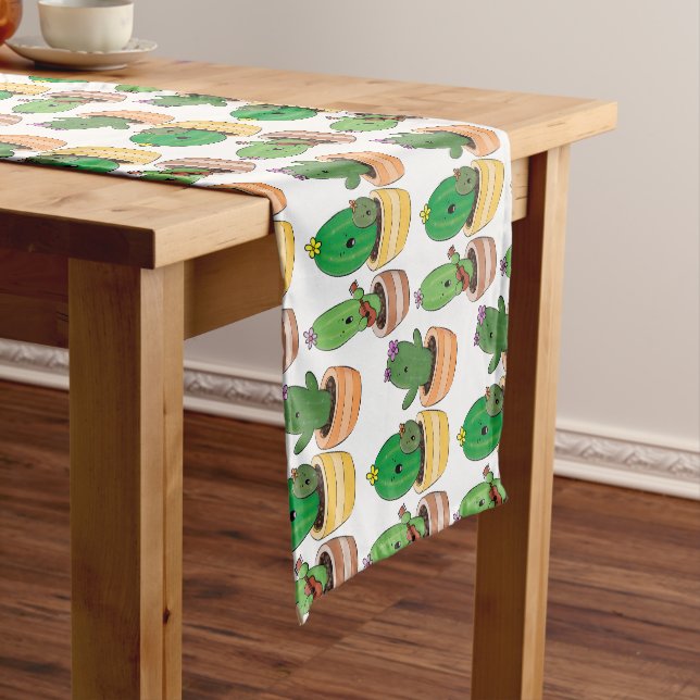 Cute cactus trio singing cartoon illustration short table runner (In Situ)