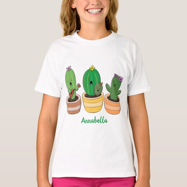 Cute cactus trio singing cartoon illustration T-Shirt (Front)