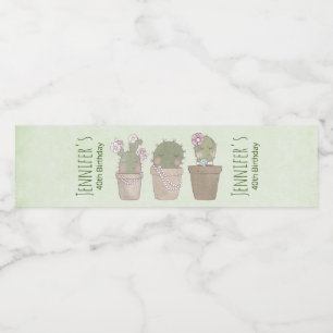 Cute Cactus Trio Wearing Jewellery Birthday Water Bottle Label