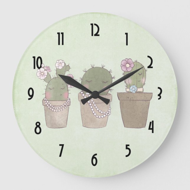 Cute Cactus Trio Wearing Jewellery Large Clock (Front)
