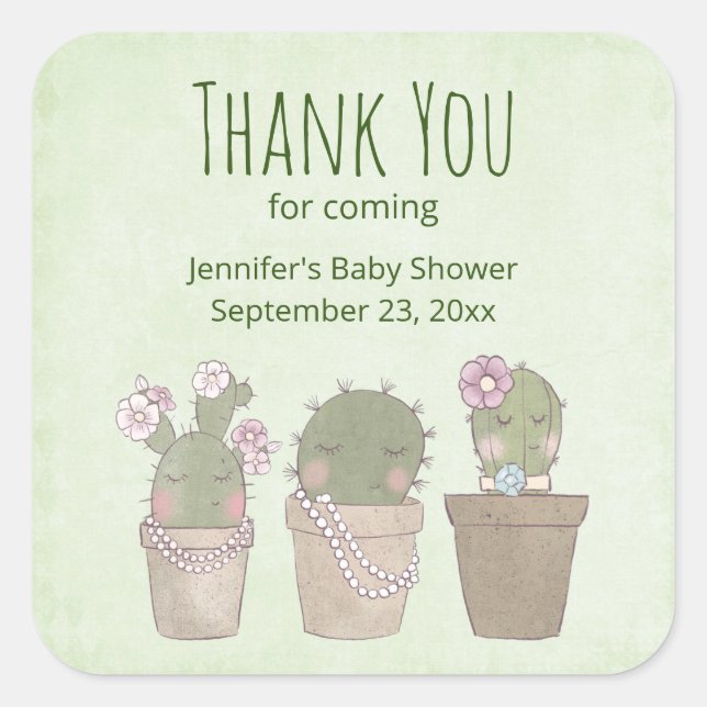 Cute Cactus Trio Wearing Jewellery Party Thank You Square Sticker (Front)