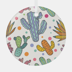 Cute Cactus Vintage Seamless Pattern Glass Ornament