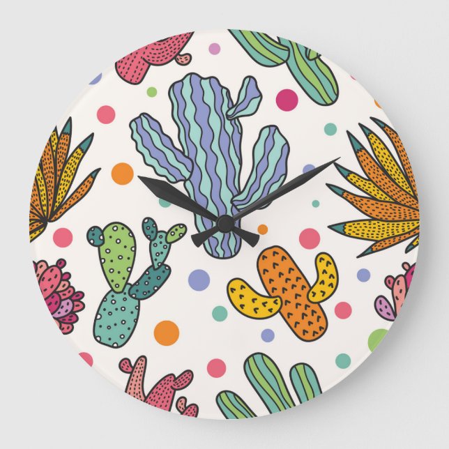 Cute Cactus Vintage Seamless Pattern Large Clock (Front)