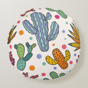 Cute Cactus Vintage Seamless Pattern Round Pillow