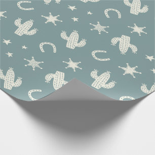 Cute Cactuses and Sheriff Badges teal Wrapping Paper
