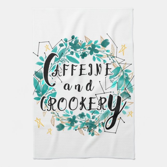 Cute Caffeine and Crookery Quote Typography Kitchen Towel (Vertical)