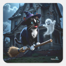 Cute CaHalloween Witch Flying With Friendly Ghost