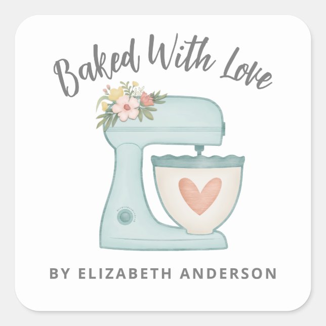 Cute Cake Mixer Baked With Love Bakery Square Sticker (Front)