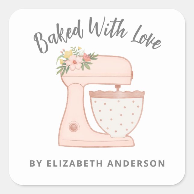 Cute Cake Mixer Baked With Love Square Sticker (Front)