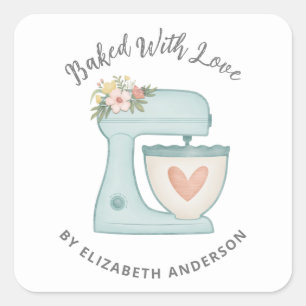 Cute Cake Mixer Baked With Love Square Sticker