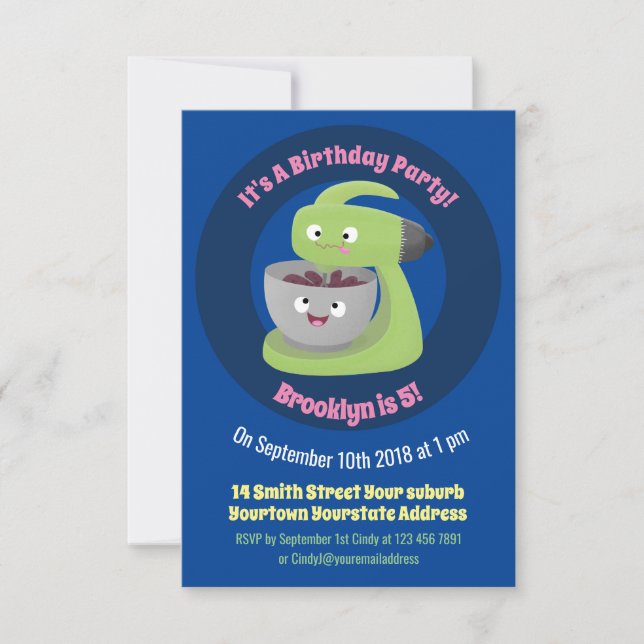 Cute cake mixer kitchen appliance cartoon invitation (Front)