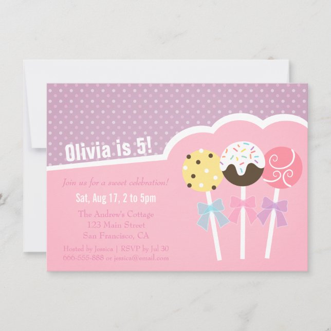 Cute Cake Pops Invitations Filles Anniversaires (Devant)