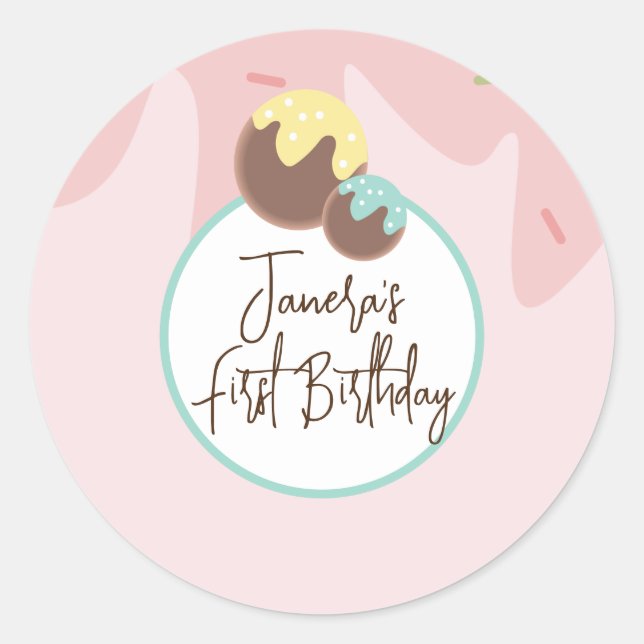 Cute Cakepop Balls First Birthday Frosting  Classic Round Sticker (Front)