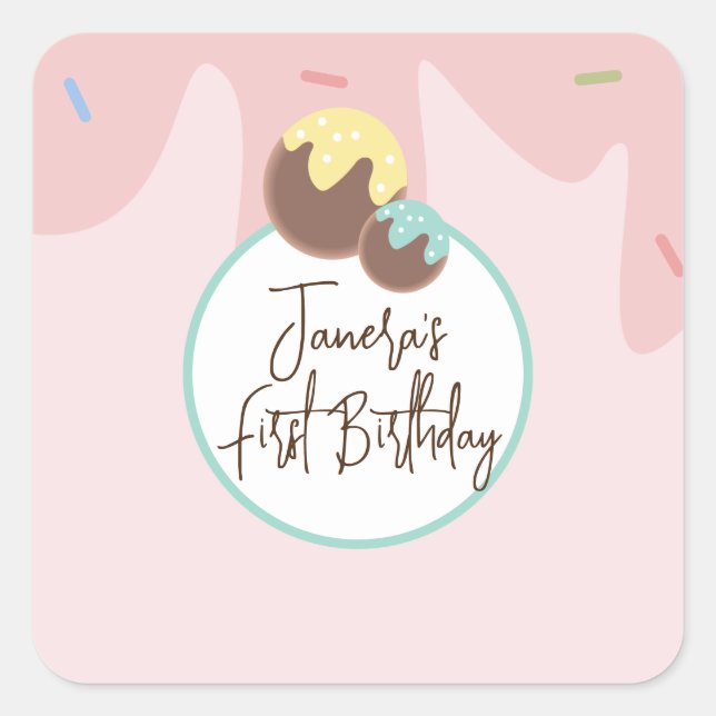 Cute Cakepop Balls First Birthday Frosting    Square Sticker (Front)