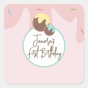 Cute Cakepop Balls First Birthday Frosting Square Sticker