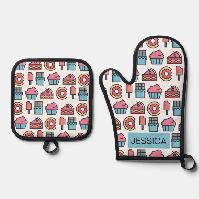 Cute Cakes and Desserts Pattern Personalised Oven Mitt & Pot Holder Set (Front)