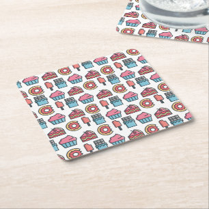 Cute Cakes and Desserts Pattern Square Paper Coaster