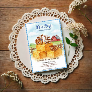 Cute Calf Baby Shower Gingham Hay Invitation Postcard