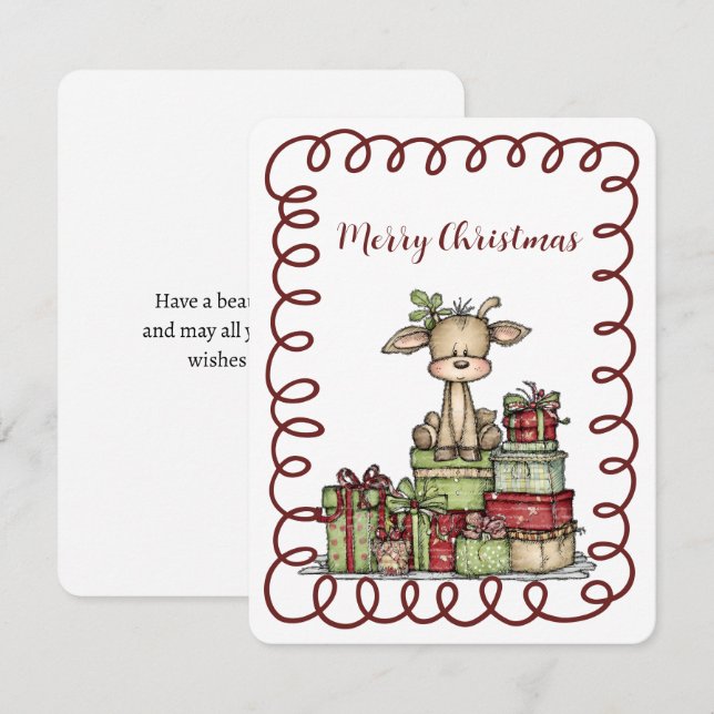Cute Calf Sitting on a Stack of Christmas Presents Holiday Card (Front/Back)