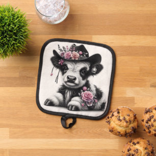 Cute Calf Wearing Hat Adorned with Flowers  Pot Holder
