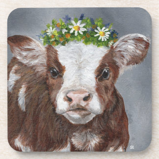 Cute Calf with Floral Crown Coaster