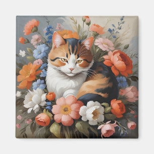 Cute calico cat and flowers magnet