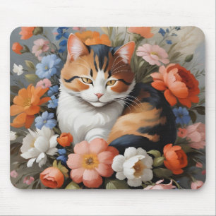 Cute calico cat and flowers mouse pad