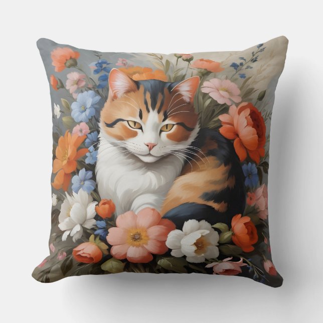 Cute calico cat and flowers throw pillow (Front)