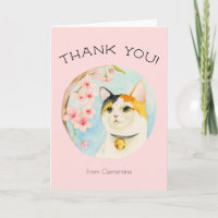 Cute Calico Cat and Pink Flowers | Thank You