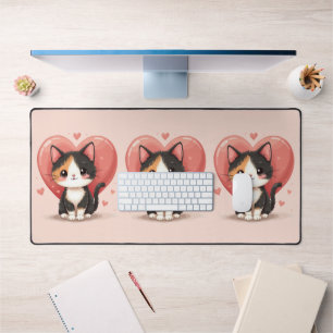 Cute Calico Cat Heart Kawaii Valentine’s Art Desk Mat