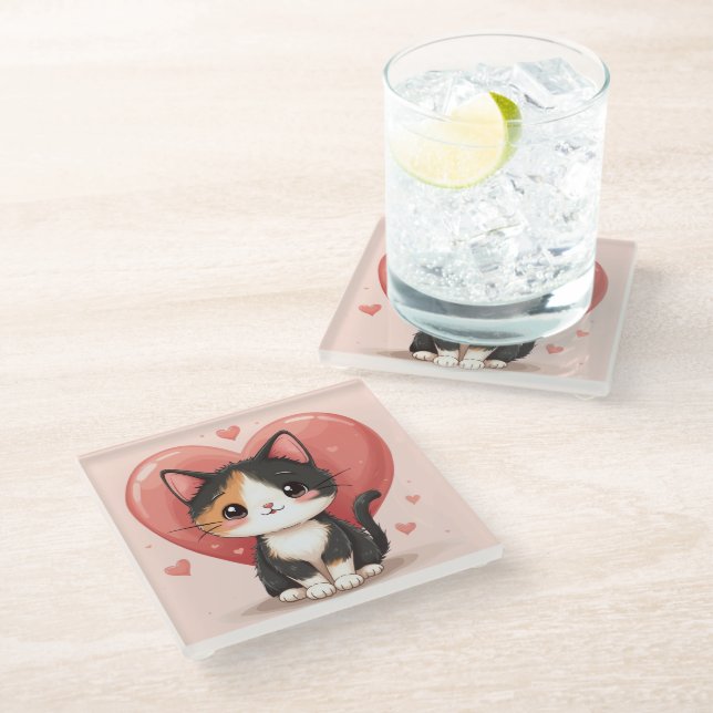 Cute Calico Cat Heart Kawaii Valentine’s Art Glass Coaster (Angled)
