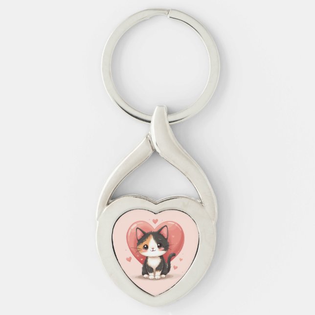 Cute Calico Cat Heart Kawaii Valentine’s Art Keychain (Front)