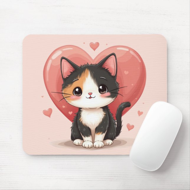Cute Calico Cat Heart Kawaii Valentine’s Art Mouse Pad (With Mouse)