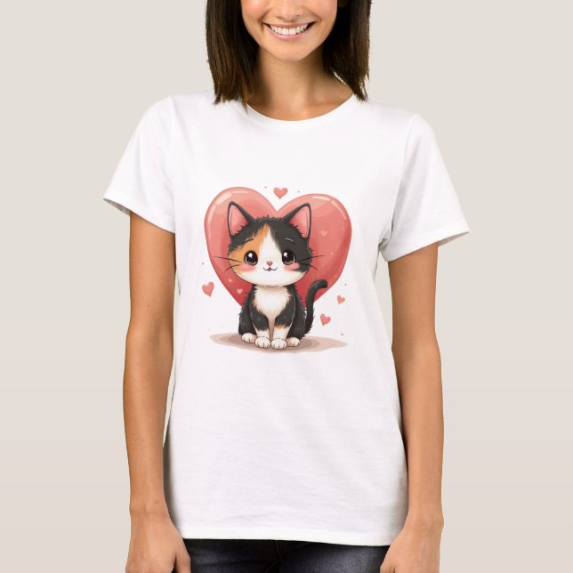 Cute Calico Cat Heart Kawaii Valentine’s Art T-Shirt (Front)