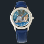 Cute Calico Cat Kitten Funny Eyes Photo dial-plate Watch<br><div class="desc">A cute young kitten peeks out from a blue old wooden door with curious eyes, a cat with this particolored coat called dilute calico. Photo taken in Greece by Katho Menden. This kids wrist watch with dial-plate is a gift idea for cat lovers. - If you are seeing a design...</div>