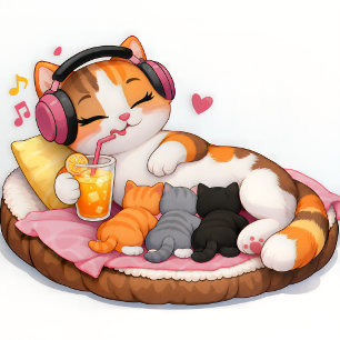 Cute Calico Cat Mom with Kittens and Headphones Poster