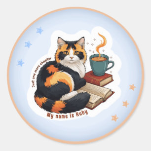 Cute Calico Cat Reading Book & Coffee Personalized Classic Round Sticker