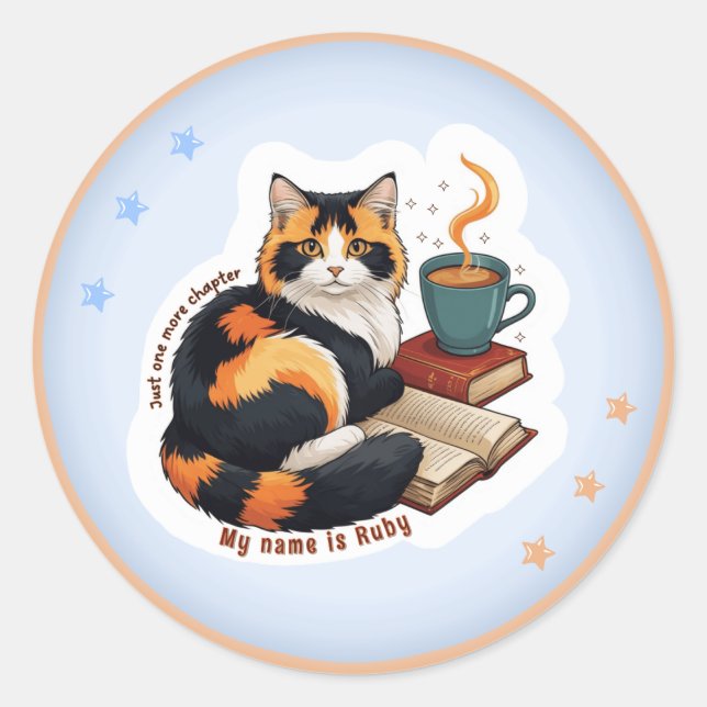 Cute Calico Cat Reading Book & Coffee Personalized Classic Round Sticker (Front)