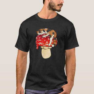 Cute Calico Cat Sleeping on Red Spotted Mushroom T-Shirt