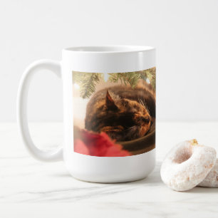 Cute Calico Cat Sleeping under Christmas Tree Coffee Mug