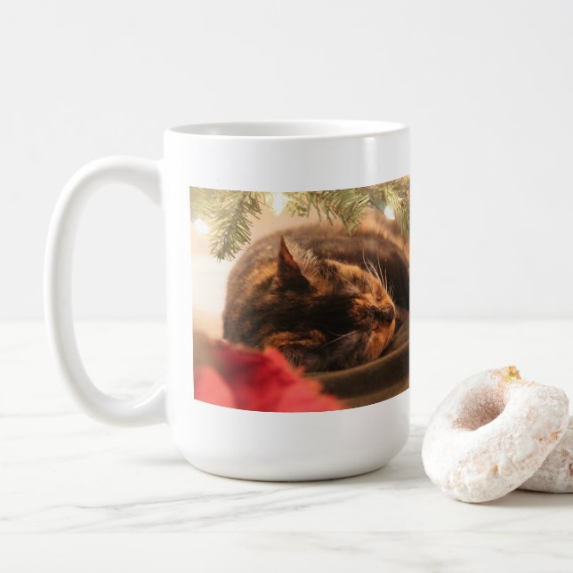 Cute Calico Cat Sleeping under Christmas Tree Coffee Mug (With Donut)