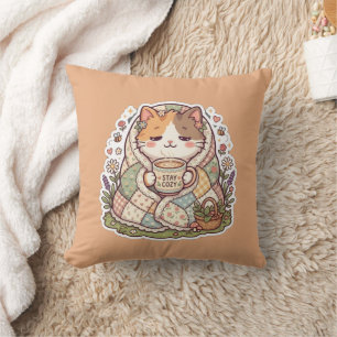 Cute Calico Cat Stay Cozy Cottagecore Throw Pillow