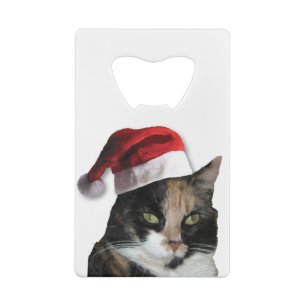Cute Calico Cat Wearing Santa Hat Credit Card Bottle Opener