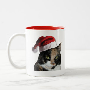 Cute Calico Cat Wearing Santa Hat Two-Tone Coffee Mug