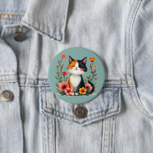 Cute Calico Cat with Floral Cottagecore 3 Inch Round Button