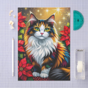 Cute Calico Kitty Cat and Poinsettia Christmas Tissue Paper