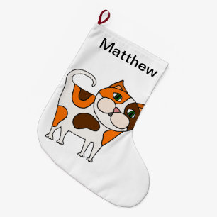 Cute Calico Kitty Cat Cartoon Large Christmas Stocking