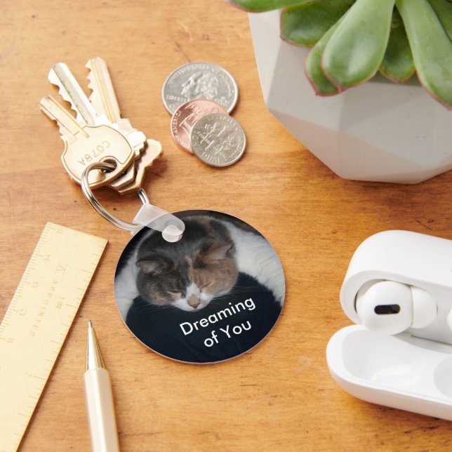 Cute Calico Sleeping Cat Dreaming of You Keychain (Desk)
